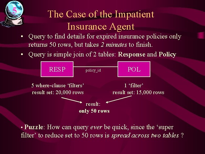 5 The Case of the Impatient Insurance Agent • Query to find details for