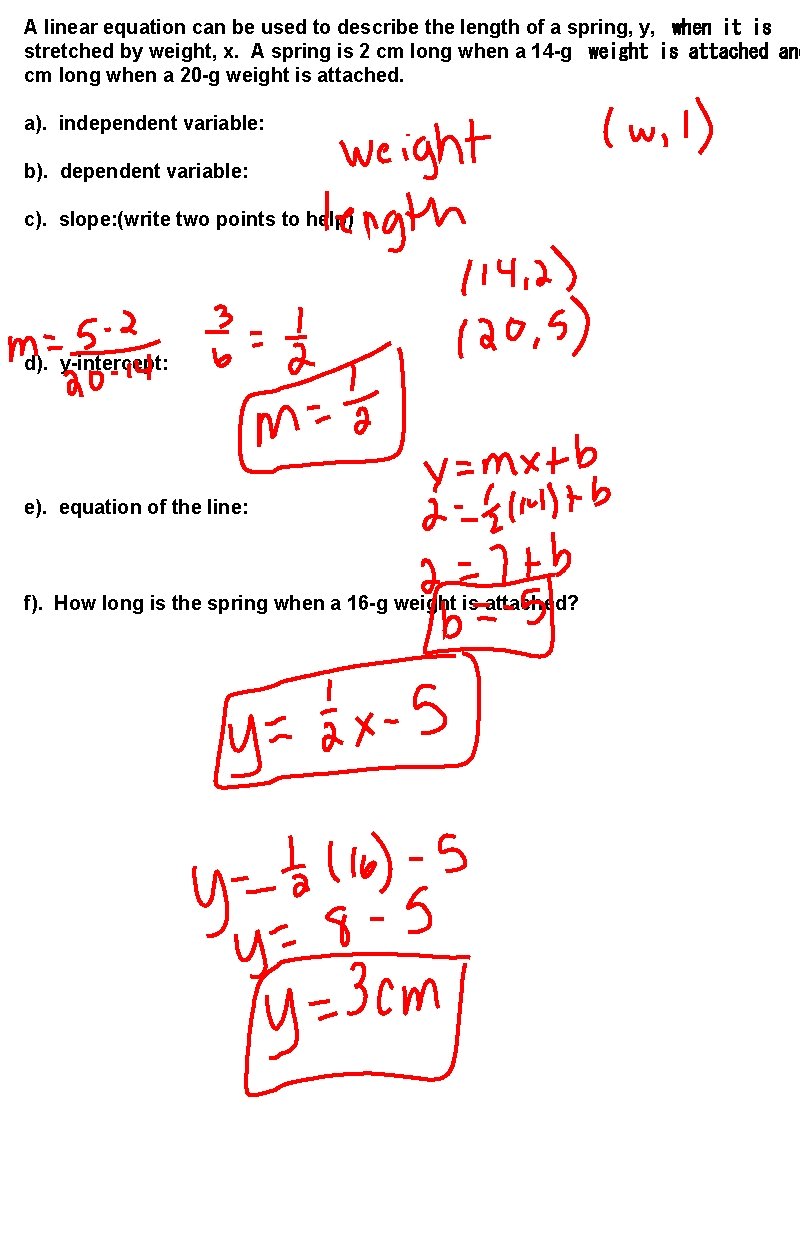 A linear equation can be used to describe the length of a spring, y,