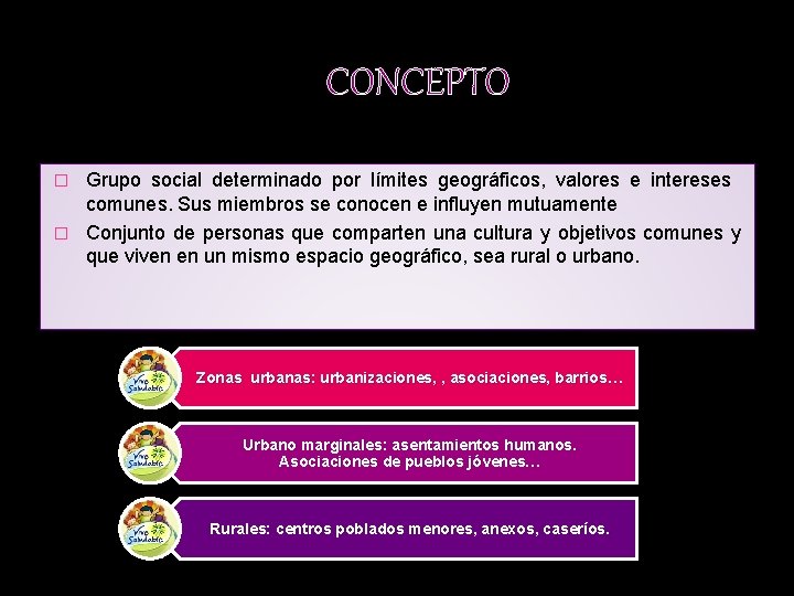 CONCEPTO Grupo social determinado por límites geográficos, valores e intereses comunes. Sus miembros se