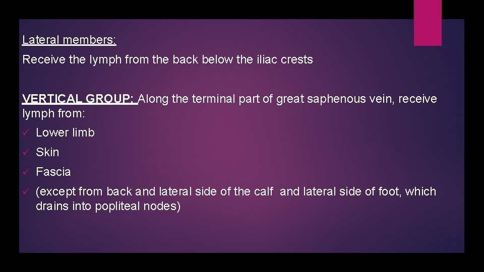 Lateral members: Receive the lymph from the back below the iliac crests VERTICAL GROUP: