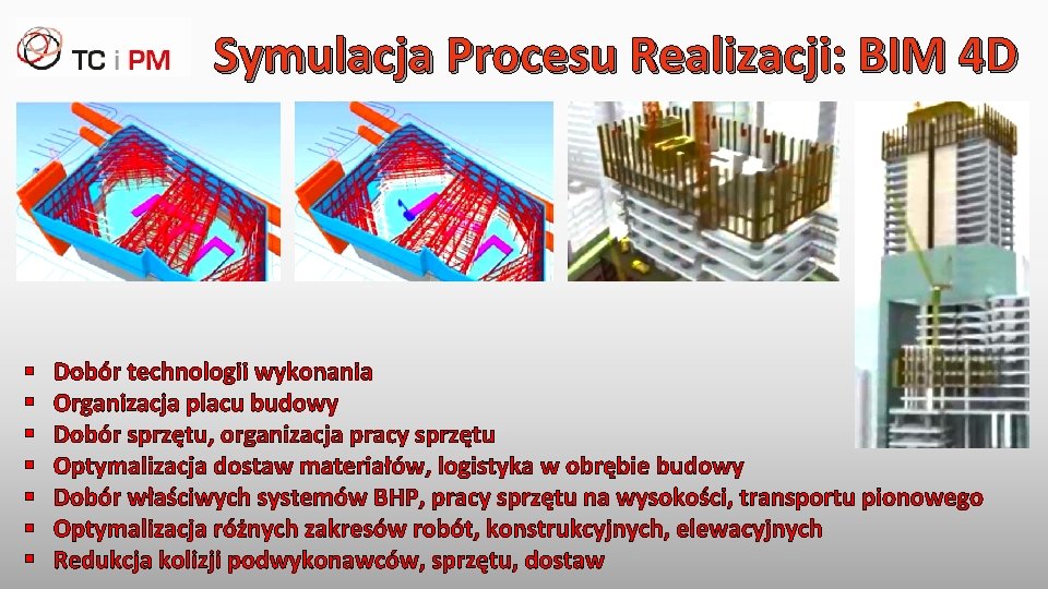 Symulacja Procesu Realizacji: BIM 4 D § § § § Dobór technologii wykonania Organizacja