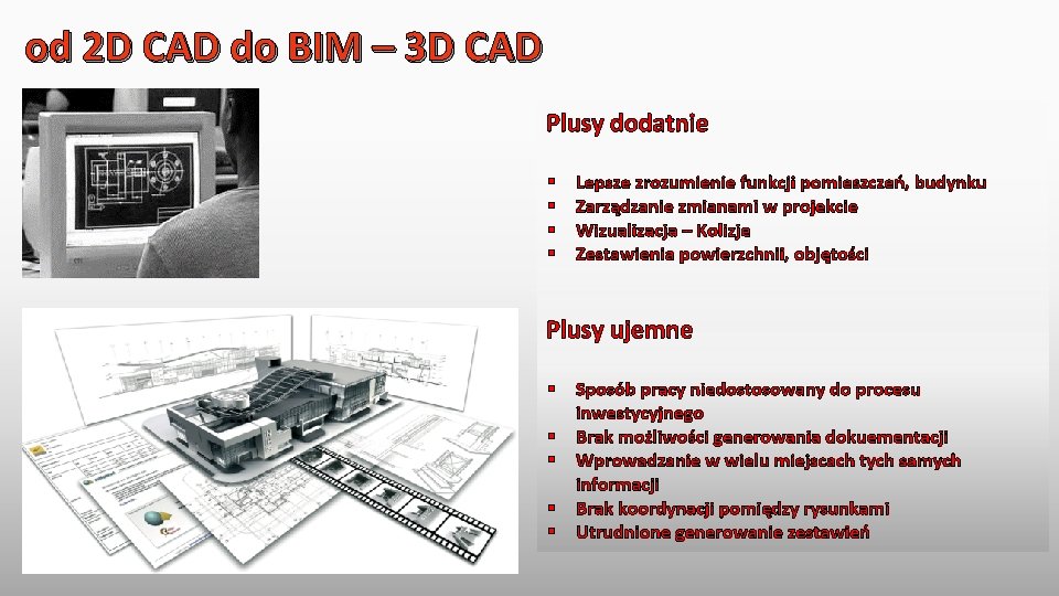 od 2 D CAD do BIM – 3 D CAD Plusy dodatnie § §