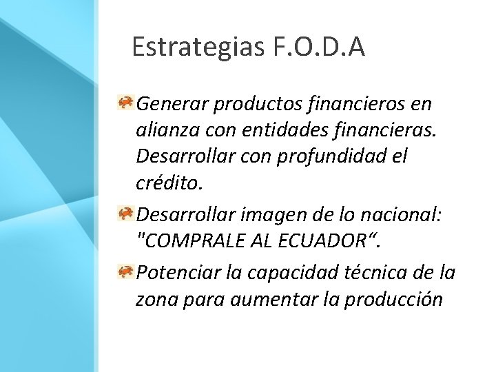 Estrategias F. O. D. A Generar productos financieros en alianza con entidades financieras. Desarrollar