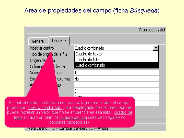 Area de propiedades del campo (ficha Búsqueda) El control determina la forma en que