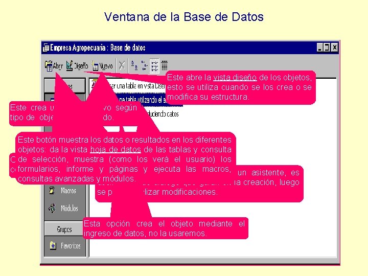 Ventana de la Base de Datos Este abre la vista diseño de los objetos,