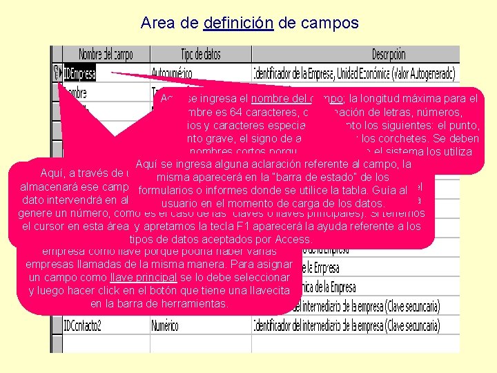 Area de definición de campos Aquí se ingresa el nombre del campo; la longitud