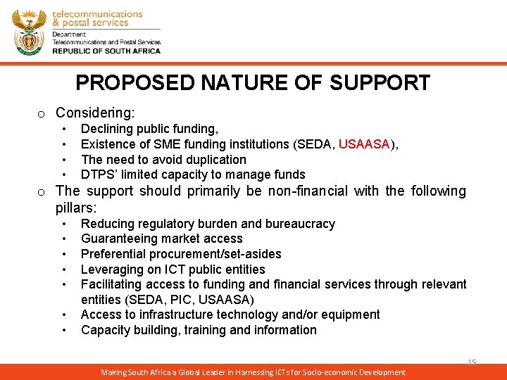 PROPOSED NATURE OF SUPPORT o Considering: • • Declining public funding, Existence of SME