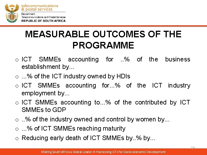 MEASURABLE OUTCOMES OF THE PROGRAMME o ICT SMMEs accounting for. . % of the