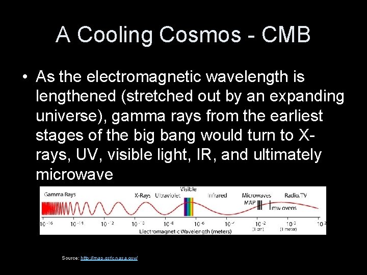 A Cooling Cosmos - CMB • As the electromagnetic wavelength is lengthened (stretched out