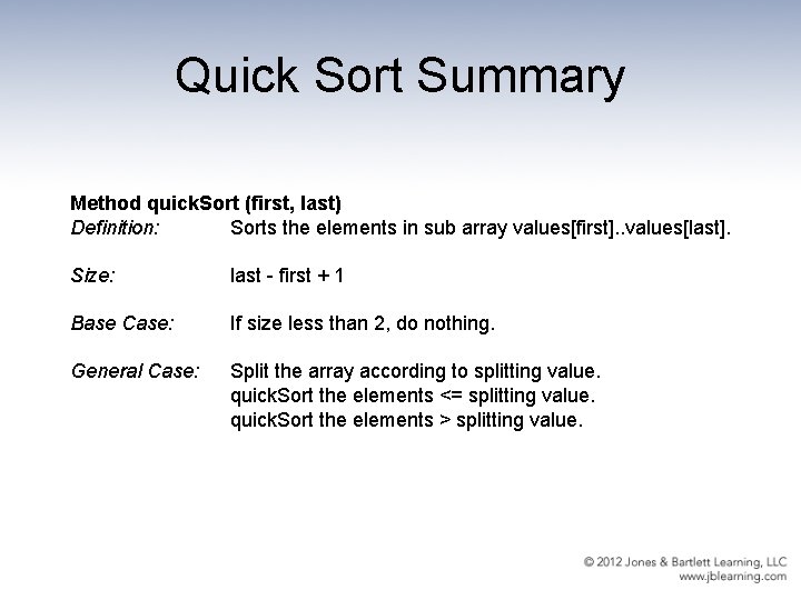 Quick Sort Summary Method quick. Sort (first, last) Definition: Sorts the elements in sub