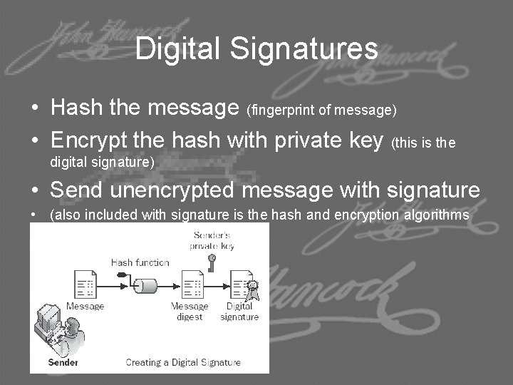 Digital Signatures • Hash the message (fingerprint of message) • Encrypt the hash with