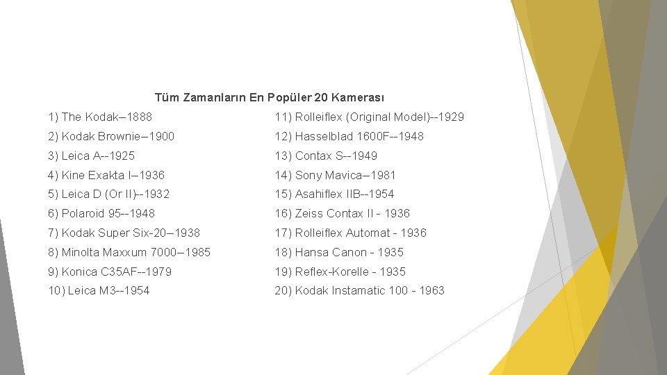 Tüm Zamanların En Popüler 20 Kamerası 1) The Kodak--1888 11) Rolleiflex (Original Model)--1929 2)