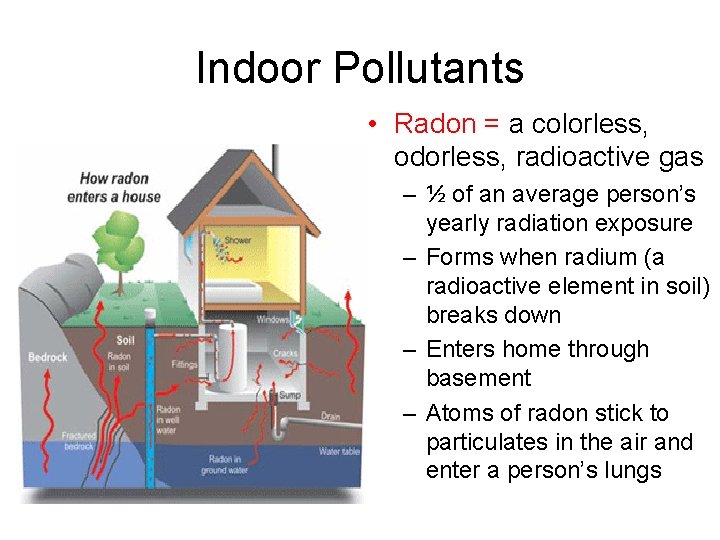 Indoor Pollutants • Radon = a colorless, odorless, radioactive gas – ½ of an