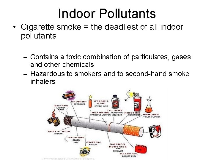 Indoor Pollutants • Cigarette smoke = the deadliest of all indoor pollutants – Contains