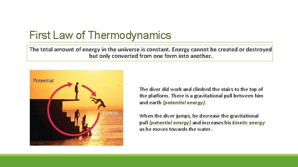 First Law of Thermodynamics The total amount of energy in the universe is constant.