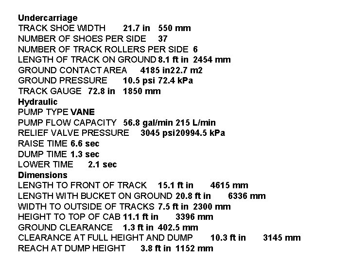 Undercarriage TRACK SHOE WIDTH 21. 7 in 550 mm NUMBER OF SHOES PER SIDE