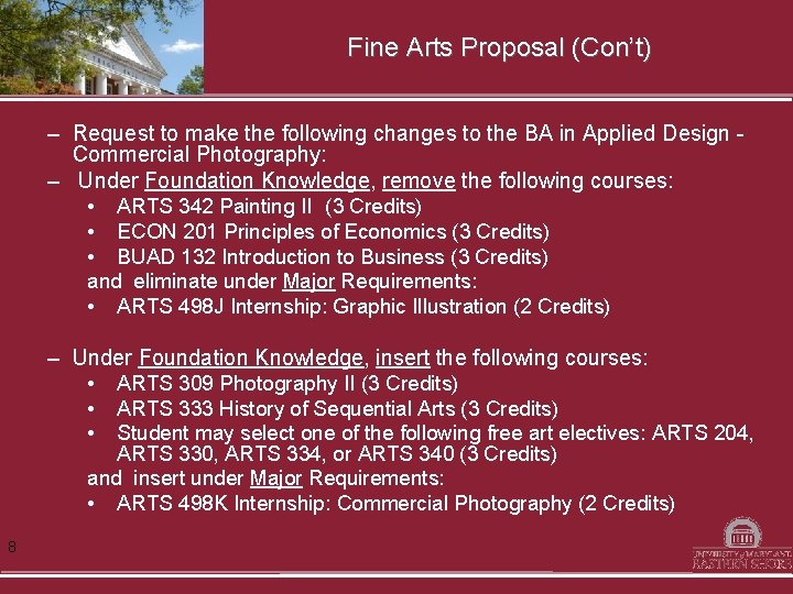 Fine Arts Proposal (Con’t) – Request to make the following changes to the BA