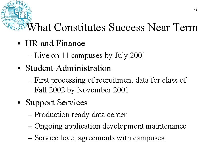HB What Constitutes Success Near Term • HR and Finance – Live on 11
