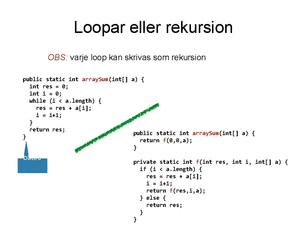Loopar eller rekursion OBS: varje loop kan skrivas som rekursion public static int array.