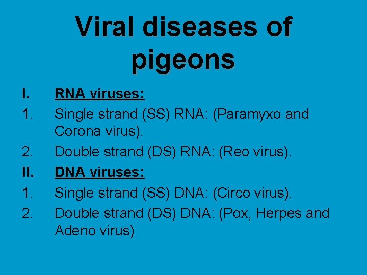 Viral diseases of pigeons I. 1. 2. II. 1. 2. RNA viruses: Single strand