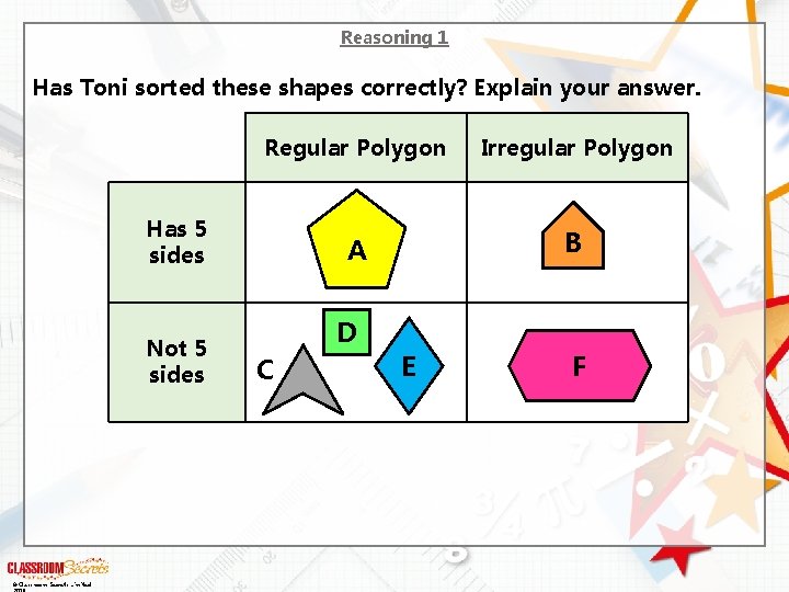 Reasoning 1 Has Toni sorted these shapes correctly? Explain your answer. Regular Polygon Irregular