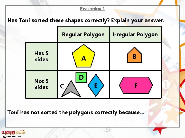 Reasoning 1 Has Toni sorted these shapes correctly? Explain your answer. Regular Polygon Irregular