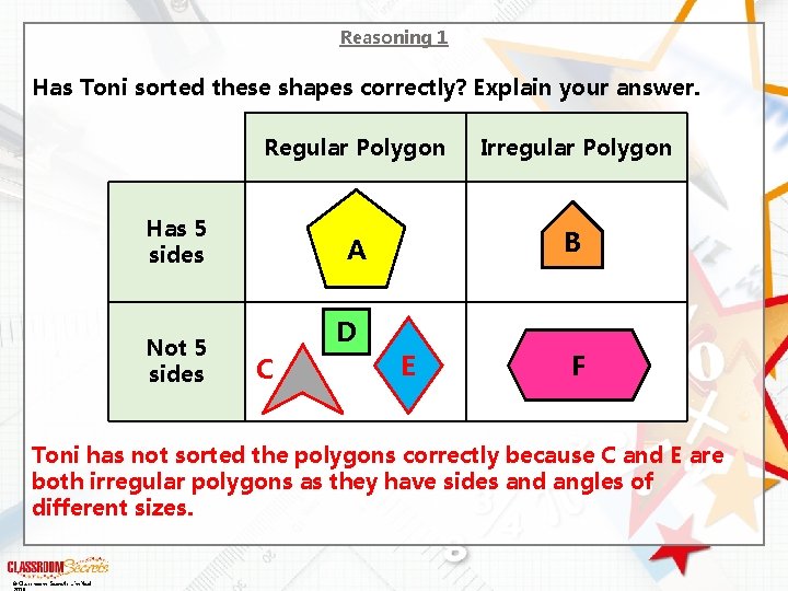 Reasoning 1 Has Toni sorted these shapes correctly? Explain your answer. Regular Polygon Irregular