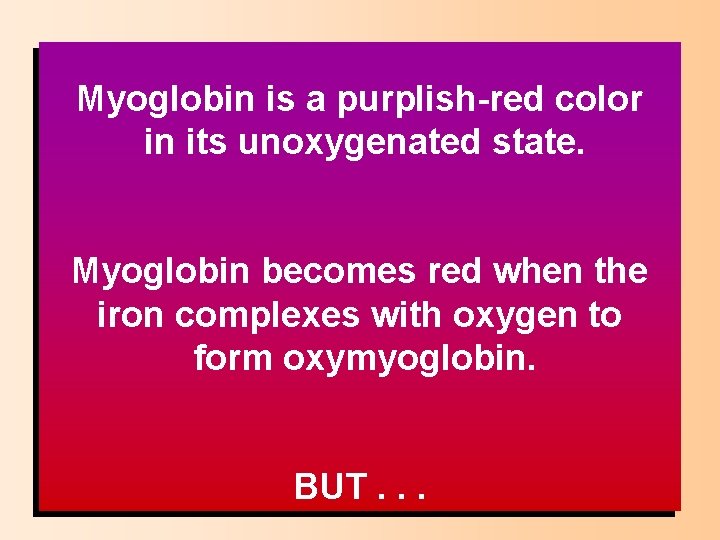 Myoglobin is a purplish-red color in its unoxygenated state. Myoglobin becomes red when the