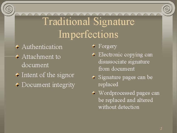 Traditional Signature Imperfections Authentication Attachment to document Intent of the signor Document integrity Forgery