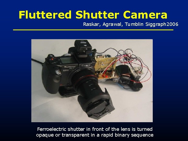 Fluttered Shutter Camera Raskar, Agrawal, Tumblin Siggraph 2006 Ferroelectric shutter in front of the