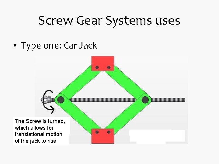 Screw Gear Systems uses • Type one: Car Jack The Screw is turned, which