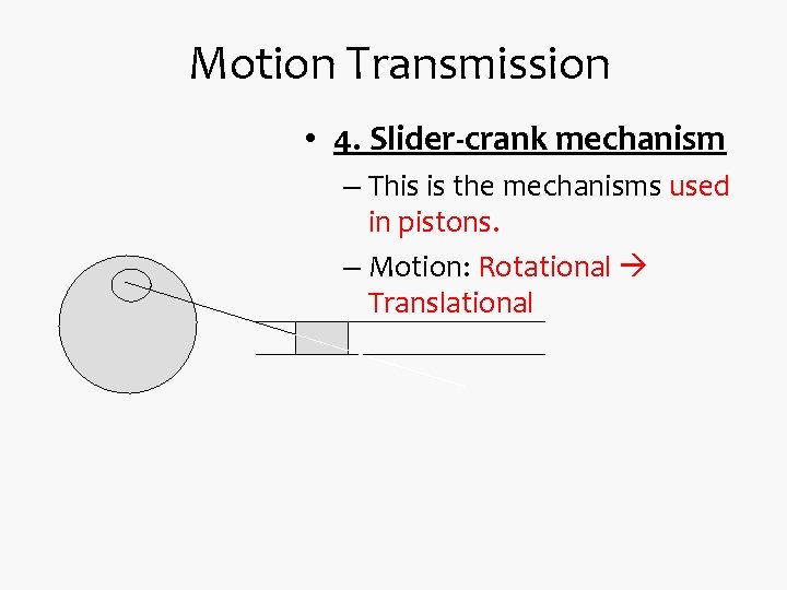Motion Transmission • 4. Slider-crank mechanism – This is the mechanisms used in pistons.