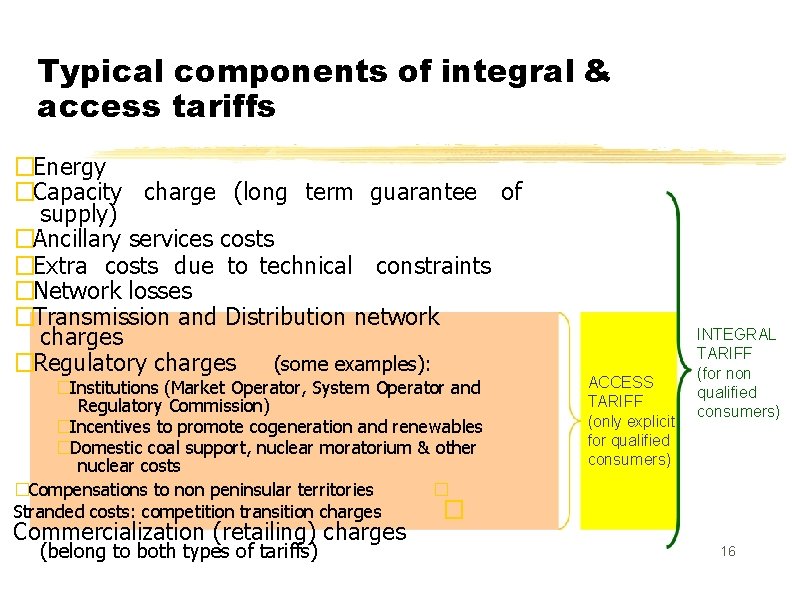 Typical components of integral & access tariffs �Energy �Capacity charge (long term guarantee of