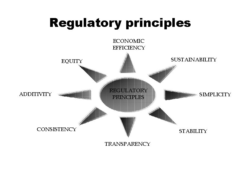 Regulatory principles ECONOMIC EFFICIENCY SUSTAINABILITY EQUITY ADDITIVITY REGULATORY PRINCIPLES CONSISTENCY SIMPLICITY STABILITY TRANSPARENCY 