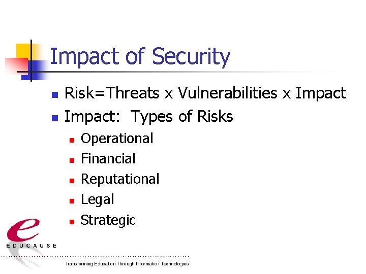 Impact of Security n n Risk=Threats x Vulnerabilities x Impact: Types of Risks n