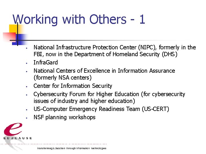 Working with Others - 1 National Infrastructure Protection Center (NIPC), formerly in the FBI,