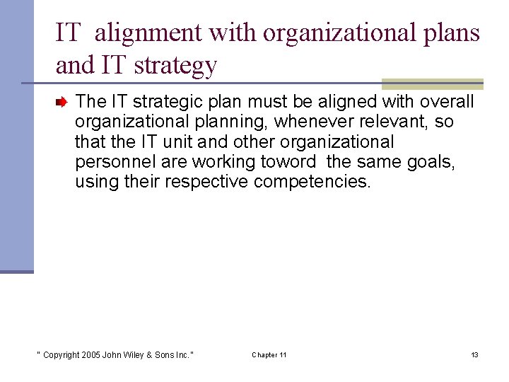 IT alignment with organizational plans and IT strategy The IT strategic plan must be