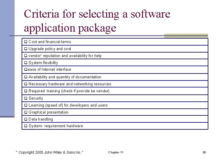 Criteria for selecting a software application package Cost and financial terms Upgrade policy and