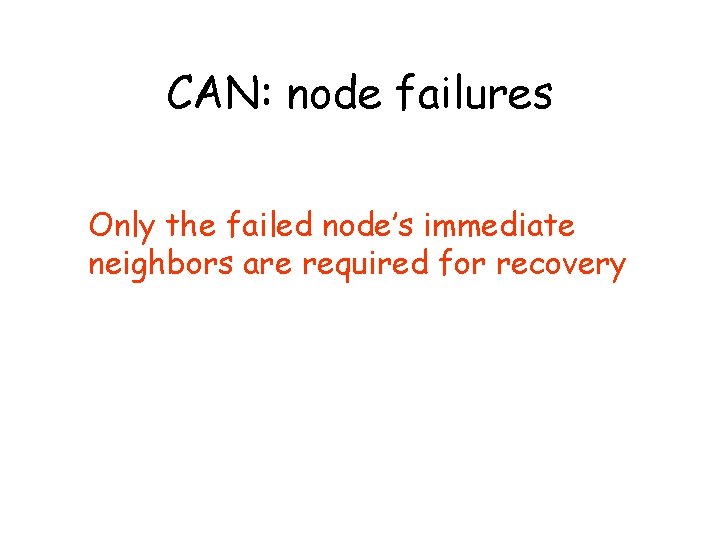 CAN: node failures Only the failed node’s immediate neighbors are required for recovery 