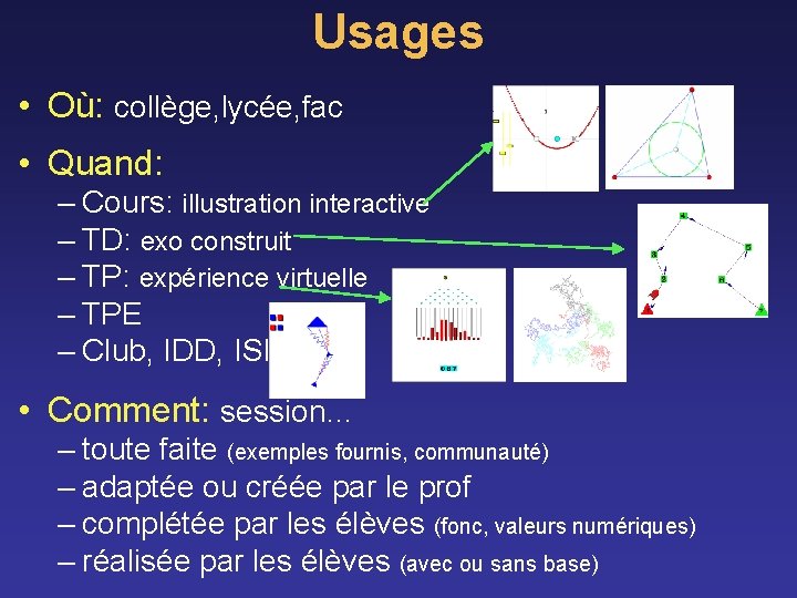 Usages • Où: collège, lycée, fac • Quand: – Cours: illustration interactive – TD:
