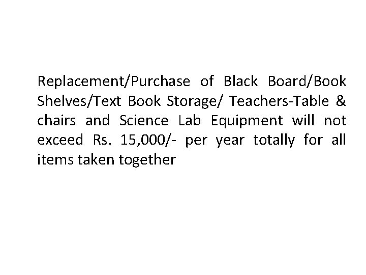 Replacement/Purchase of Black Board/Book Shelves/Text Book Storage/ Teachers-Table & chairs and Science Lab Equipment