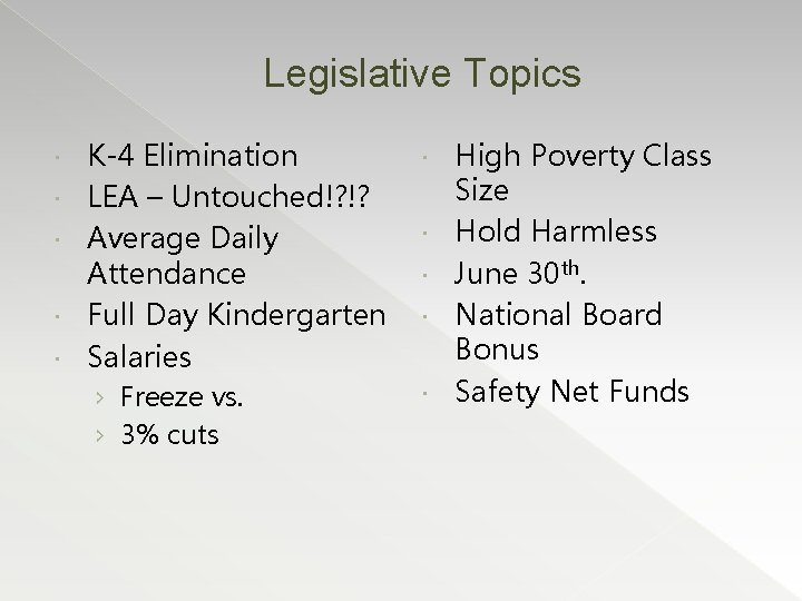 Legislative Topics K-4 Elimination LEA – Untouched!? !? Average Daily Attendance Full Day Kindergarten