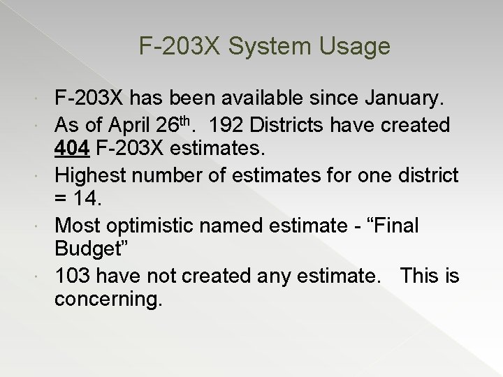 F-203 X System Usage F-203 X has been available since January. As of April