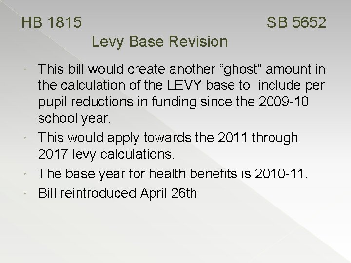 HB 1815 SB 5652 Levy Base Revision This bill would create another “ghost” amount