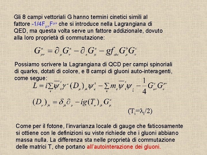 Gli 8 campi vettoriali G hanno termini cinetici simili al fattore -1/4 Fmn. Fmn