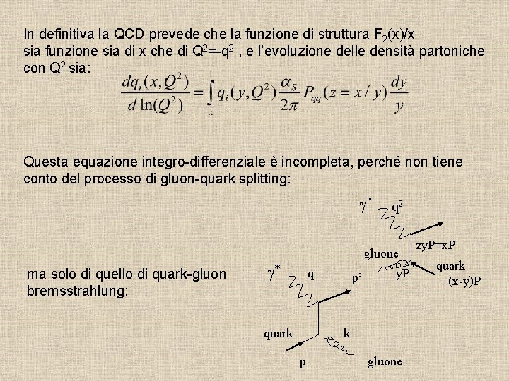 In definitiva la QCD prevede che la funzione di struttura F 2(x)/x sia funzione