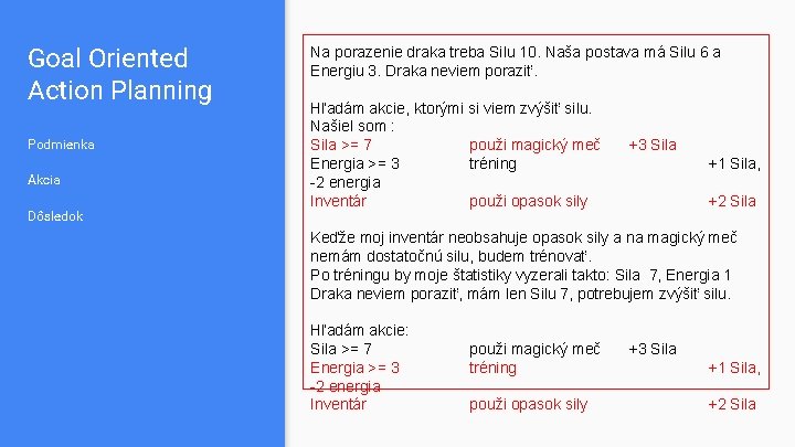 Goal Oriented Action Planning Podmienka Akcia Dôsledok Na porazenie draka treba Silu 10. Naša