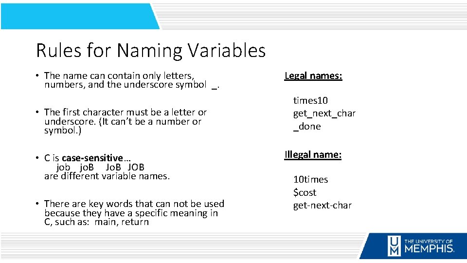 Rules for Naming Variables • The name can contain only letters, numbers, and the