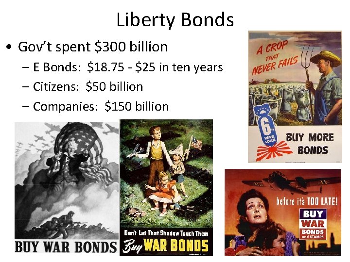 Liberty Bonds • Gov’t spent $300 billion – E Bonds: $18. 75 - $25