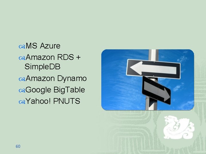  MS Azure Amazon RDS + Simple. DB Amazon Dynamo Google Big. Table Yahoo!